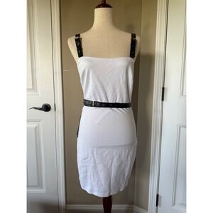 Bebe Strappy PU Ponte Mini Dress Bright White Black Faux Leather Belted M NEW